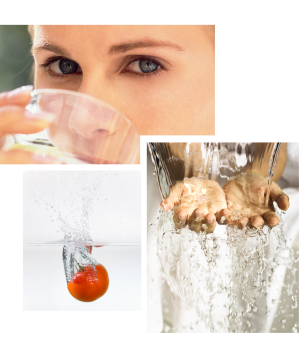 A collage of images. One image there is a woman drinking a glass of water. The other is hands touching a waterfall and a tomato sinking in water.